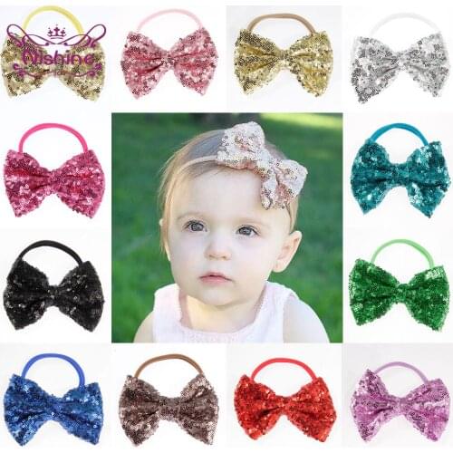 Boutique Baby Girls Big Sequin Bow Headband Newborn Shining Bowknot Nylon Hair Band Solid Color Kids Headwear Hair Accessories