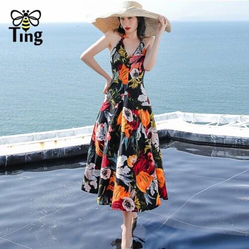Tingfly Vintage Floral Marilyn Monroe Stylish Sexy V neck Halter Midi Summer Dress Casual Boho Holiday Beach Dresses Robes Zaful