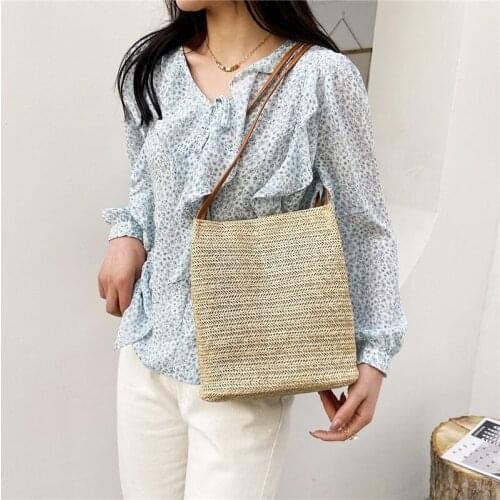 Women Crossbody Shoulder Bag Knitted Straw Messenger Satchel Handbag Bucket Bag