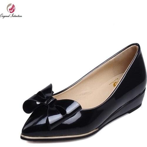 Original Intention Plus Size 4-12 Women Pumps Bowtie Nice Pointed Toe Wedges Pumps Beautiful Gray Black Pink White Shoes Woman