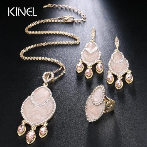 New Fashion Vintage Wedding Jewelry Sets For Women Enamel Zircon Ring And Necklace Earrings Gold Color 3Pcs Bohemia Jewelry Set