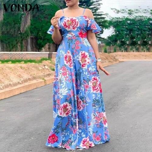Women Bohemian Floral Printed Long Maxi Dress 2021 VONDA Sleeveless Off Shoulder Dress Beach Sundress Casual Zipper Vestido