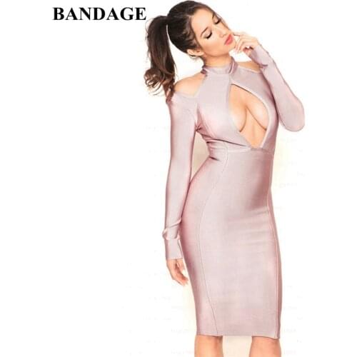 BANDAGE Winter Bandage Dress Women Nude Long Sleeve Club Dresses Bodycon Vestido Sexy Hollow Out Celebrity Evening Party Outfits