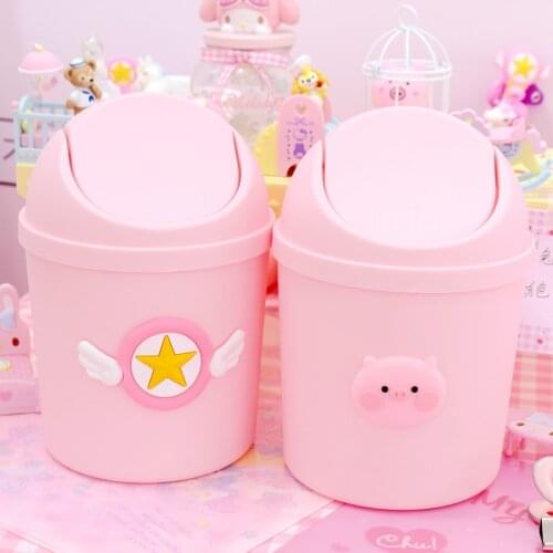 1Pc Lovely Pink Wings Pig Creative Mini Small Waste Bin Flip Cover Desktop Table Dustbin For Bathroom Office Wastebasket Storage