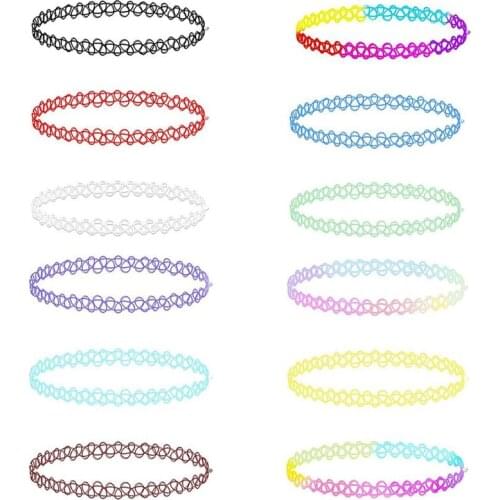 12Pcs/Set Mixed Color Fish Line Tattoo Rainbow Chokers Vintage Flower Girls Stretch Gothic Punk Elastic Collares Women Jewelry