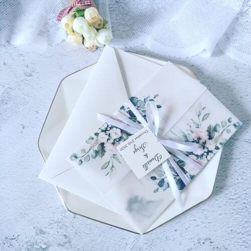 50pc Flower Print Vellum Wrap for Wedding Invitations with White Ribbon and Envelope DIY Transparent Quinceanera Card