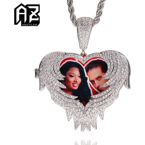 AZ Hip Hop Custom Photo Pendants Zirconia Paved Bling Iced Out Heart Wing Necklace for Women Men Rapper’s Jewelry Gifts