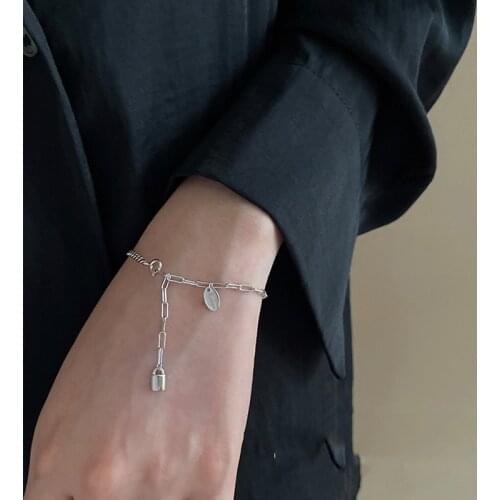 VENTFILLE 925 Sterling Silver Small Lock Bracelet Personality Asymmetrical Female Simple Letters Tassel Lock Bracelet Fashion