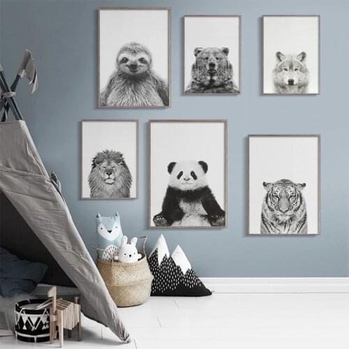 Black White Animal Poster Panda Lion Fox Alpaca Bear Canvas Painting Nursery Wall Art Nordic Baby Picture Kid Room Decor