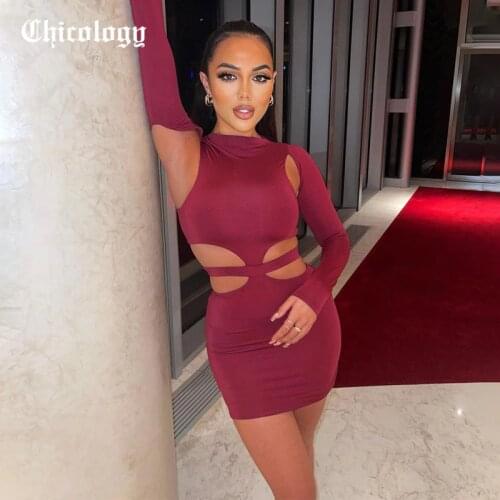 Chicology Women Summer 2021 Hollow Out One Pieces Long Sleeve Mini Solid Bodycon Fashion Elegant Party Evening Club Dresses