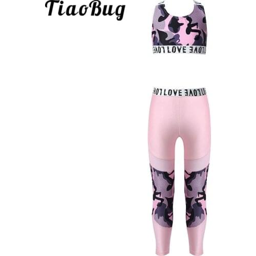 Kids Girls Stretchy Tracksuit Sports Dance Wear Printed Crop Top with Mesh Splice Leggings Yoga Pants Gymnastics Ballet Costume