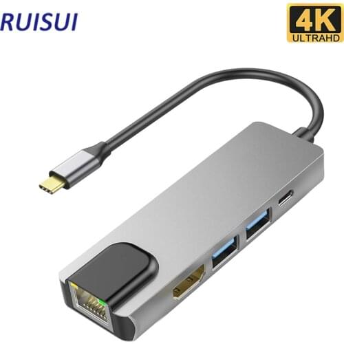 USB C HUB Adapter 5 In 1 USB Hub Type C Docking Station With 1000M RJ45 Gigabit Ethernet for MacBook Laptop With 4K HD-MI Out