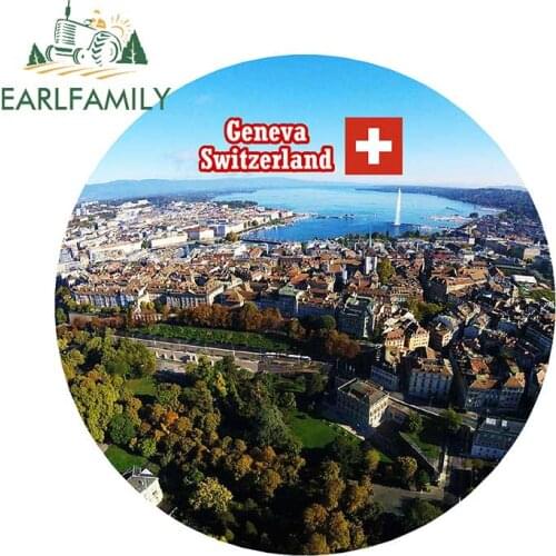 EARLFAMILY 13cm x 13cm Geneva Switzerland Sights Flag Round Novelty Souvenir Fridge Magnet Gifts Waterproof Car Sticker Graphic
