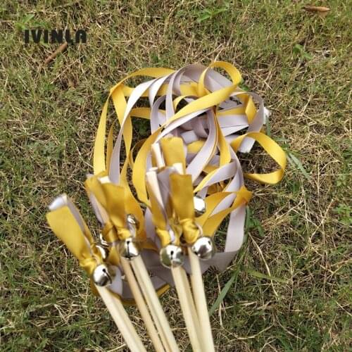 Hot Selling 50pcs/lot gold and grey wedding ribbon wands stick with sliver bell for wedding decoration