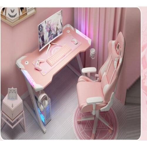Pink Gaming Desk With LED Light White Aarmor Z-shaped Steel Feet, Ergonomic Computer Game Table With Carbon Fiber Panel Mouse Pa