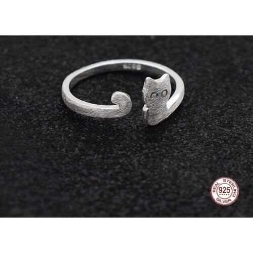 LKO 925 Sterling Silver Fashion Adjustable Ring Wire Drawing Cute Cat Animal Open Ring For Women Party Fine Trend2021 Jewelry