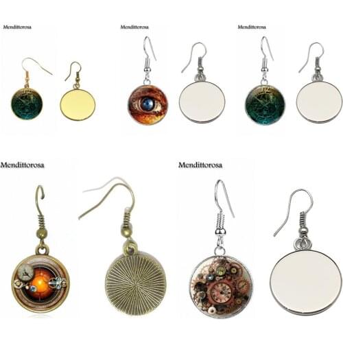 Mendittorosa Jewelry Glass Cabochon Bronze/Silver/Golden Clip Ear Hook Drop Earrings For Women Gift Steampunk Personality Clock