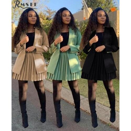 RMSFE 2020 Fashion Mujer Women England Style Set Clubwear Solid Pleated 2 Piece Set Women Full Sleeve Top Short Sets