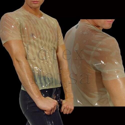 Cool & slim 100% handmade mens latex t-shirt short sleeve without any stripes in transparent color