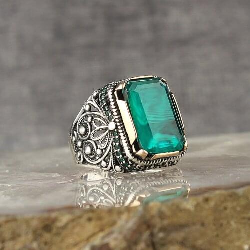 Custom Cut Green Paraiba Cubic Zirconia Men Ring 925 Sterling Silver