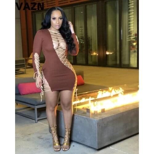VAZN 2020 New Open Hollow out Cross Bandage Top Sexy Club Little Chap Round Neck Full Sleeve Women High Waist Thin Mini Dress