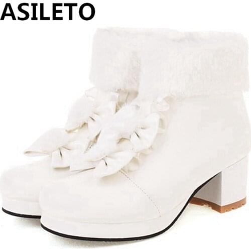 ASILETO Autumn Winter Fur Ankle Short Boots Round toe Chunky Heels Zip Flower Lolita Ladylike Small Big Size 30-43 Pink S2471