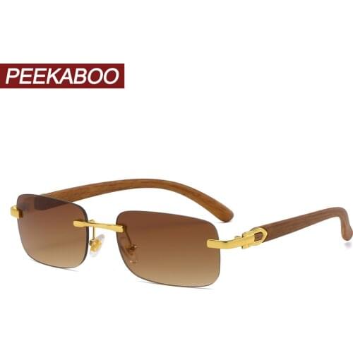 Peekaboo men rectangular sunglasses rimless wood grain brown blue frameless retro sun glasses for women uv400 2022 summer