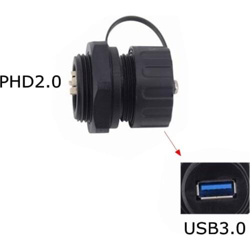 PHD USB 3.0 Waterproof Connector IP68,Industrial USB Type A Female to 2.0 2*5P Female Socket Plug Panel Mount with Dustproof Cap