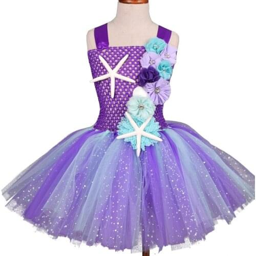 Princess Glitter Mermaid Tutu Dress With Headband Sets Baby Birthday Party Starfish Floral Tulle Dress Performence Dress Clothes