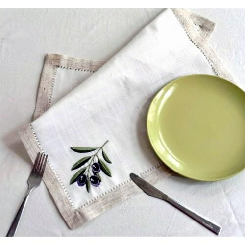 Practical & Versatile Napkin with Handmade Hemstitch, Elegant Linen Look, Table Decoration, Olive Embroidery