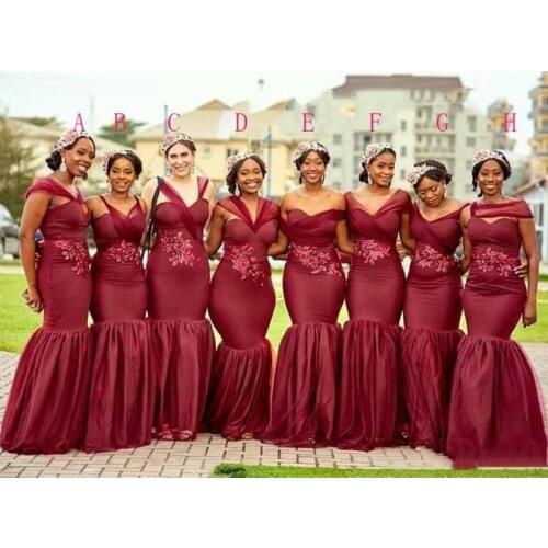 Simple Long Bridesmaid Dresses Mixed Styles Burgundy Lace Appliques Mermaid Formal Party Gown Plus Size