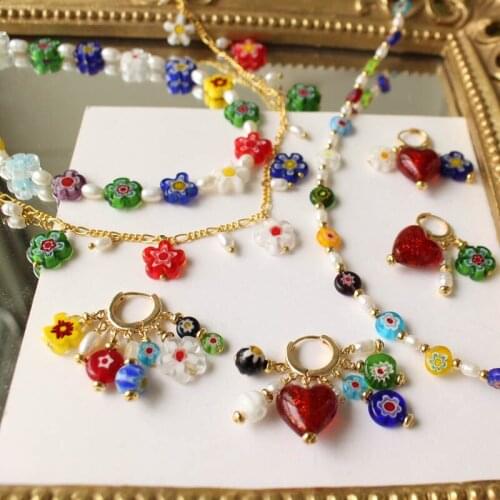 Mixed Color Plum Blossom Thousand Flower Colored Glaze Handmade Beaded Flat Bead Necklace Bracelet Material Accessories