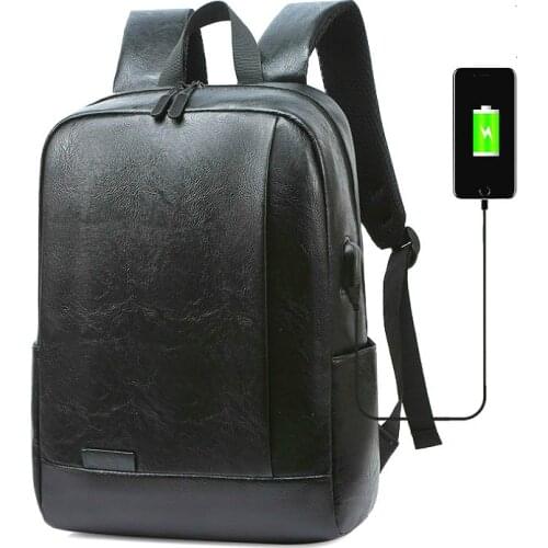 Mens PU Leather Black Laptop Backpack Waterproof Usb Charging Lightness Back Bags Travel School Outdoor Bagpacks Man New 2021