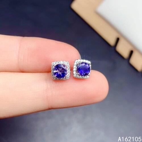 Fine jewelry 925 pure silver Chinese style natural iolite girl luxury popular simple round gem earrings ear stud support detecti