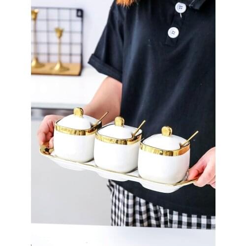 Northern European Light Luxury White Phnom Penh Ceramic Sugar Can Salt pot condiment tank four-piece flower tea storage tank