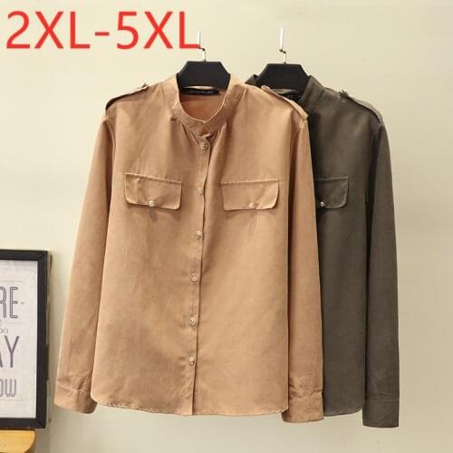 New 2021 Ladies Spring Autumn Winter Plus Size Top For Women Large Long Sleeve Loose Casual Khaki Epaulet Shirt 2XL 3XL 4XL 5XL
