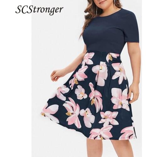SCSTRONGER Summer Womens Dress A Type Printing Stitching Plus Size Temperament Commuter Womens Vestidos Mujer Verano 2021