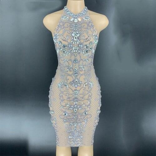 Women Sexy Stage Silver Glass Rhinestones Transparent Halter Dress Birthday Celebrate Dress Bar Prom Outfit Women Dance Dress
