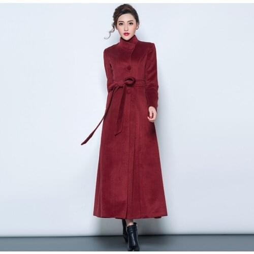 Elegant Belt Slim Fit Solid Women Wool Coat Full Sleeve Thick Warm Long Overcoat Brand Female Fashion Casual Woolen Jacket Coats