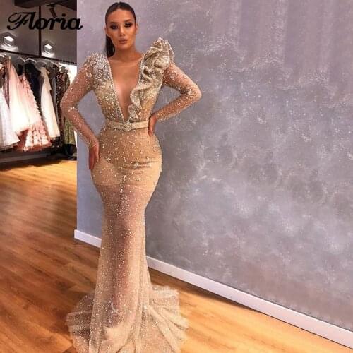 Mermaid Dubai Design Robe Evening Dresses De Soiree Turkish Beaded Long Party Gown 2020 Kaftans V Neck Custom Made Prom Dress