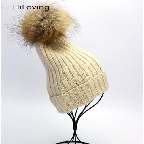 GZHilovingL Winter Womens 100 Wool Beanies Hats Fur Pompom Hats Soft Warm Women Mens Unisex Girls Winter Beanie Hat Strip Beanie