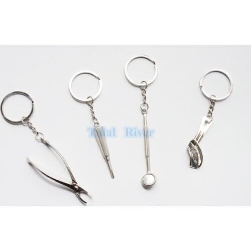 4Pcs/Set Dentist Assorted KEYCHAIN Silver Dental Tool Design Key Chains Decorations Dental Lab Promo Great Gift