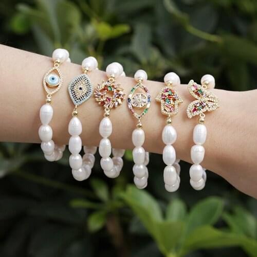 5pcs Natural Freshwater Pearl Plastic Elastic Rope Beaded Bohemia Rainbow CZ Connector Charm Unisex Bracelet For Dainty Gift