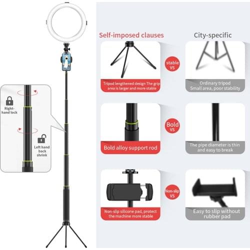 8 Inch Folding Smartphone Selfie Ring Light LED Beauty Light 3 Lighting Modes Dimmable USB Powered with Extended Rod tripod