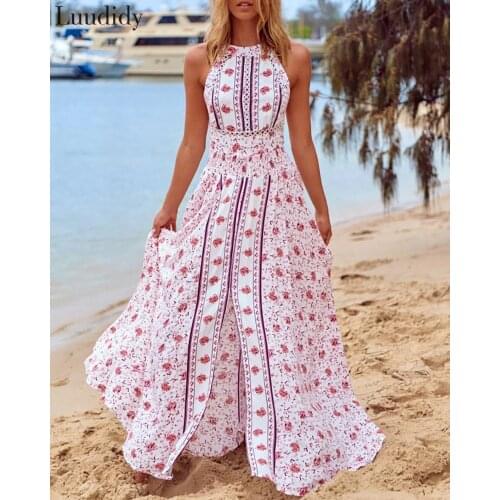 Floral Print Sleeveless Halter High Slit Bohemian Maxi Dress Backless Party Dress Beach Vestidos