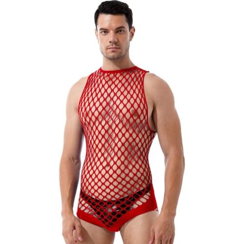 Men Netted Bodystockings See-through Fishnet Cutout Bodysuits Backless Halter Neck Catsuit Jumpsuit Stretchy Lingerie Teddies