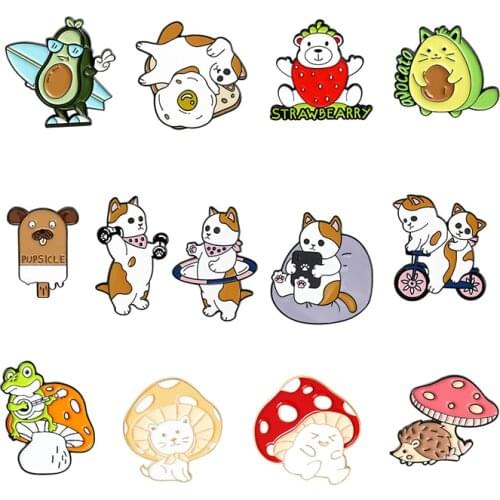 Cats fitness Enamel Brooch Strawberry bear dog Ice cream Avocados animal Lapel Pin Frog Hedgehog Mushroom Sprite Custom Badge
