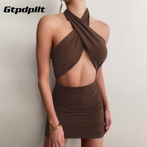 Gtpdpllt Fashion Cross Halter Women Dress 2021 Drawstring Pleated Hollow Out Party Vestidos Bandage Clubwear Skinny Mini Dresses