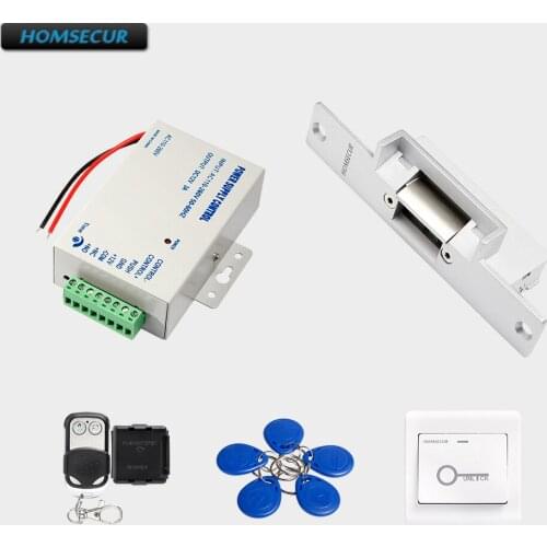 HOMSECUR 5Pcs RFID Keyfob +Power Supply+ Remote Controller+Exit button+NC Strike Lock
