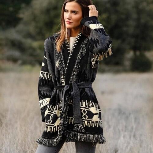 Jastie Overisized Retro Jacquard Cardigan Women Sweaters Tassel Trims Long Sleeve Winter Warm Thick Knitted Sweater Overcoat Top